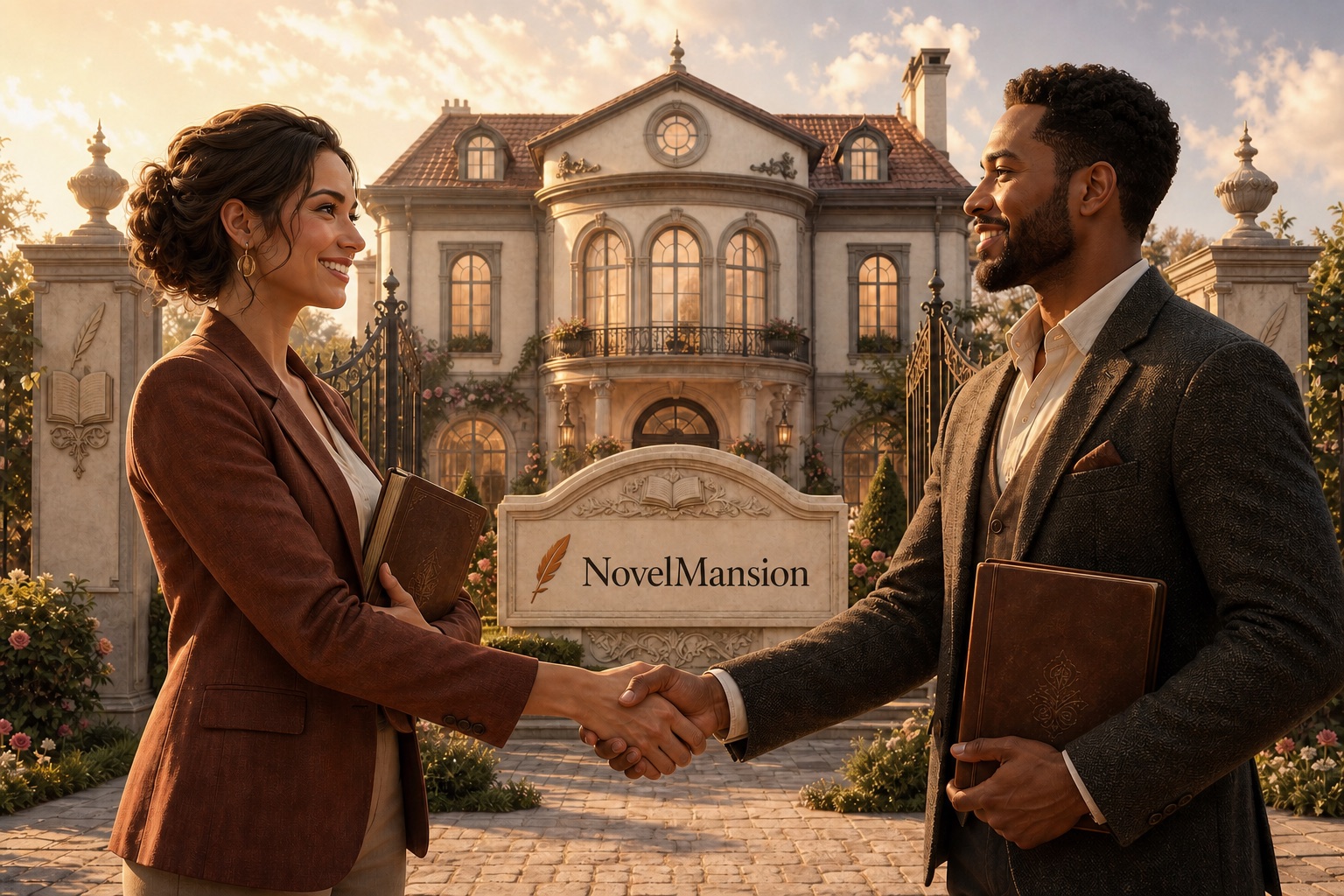 Zwei Kreativpartner geben sich vor der literarischen NovelMansion Villa die Hand