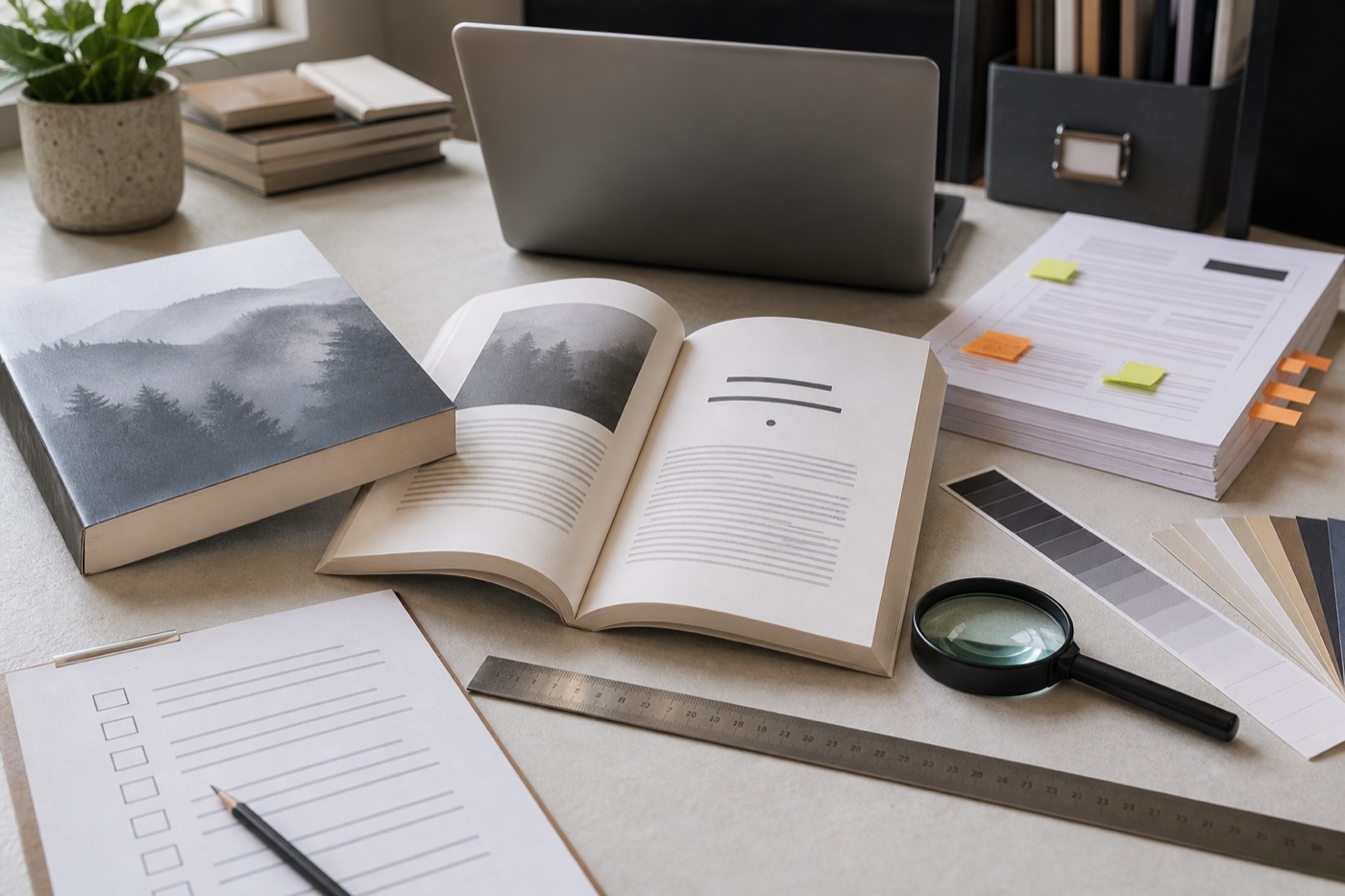 Qualitätskontrolle eines Paperbacks mit aufgeschlagenem Buch, Papiermustern und Prüfliste