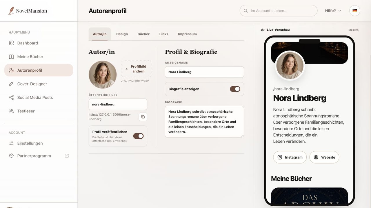 NovelMansion Autorenprofil mit Biografie, öffentlicher URL und Live-Vorschau für Bücher und Links