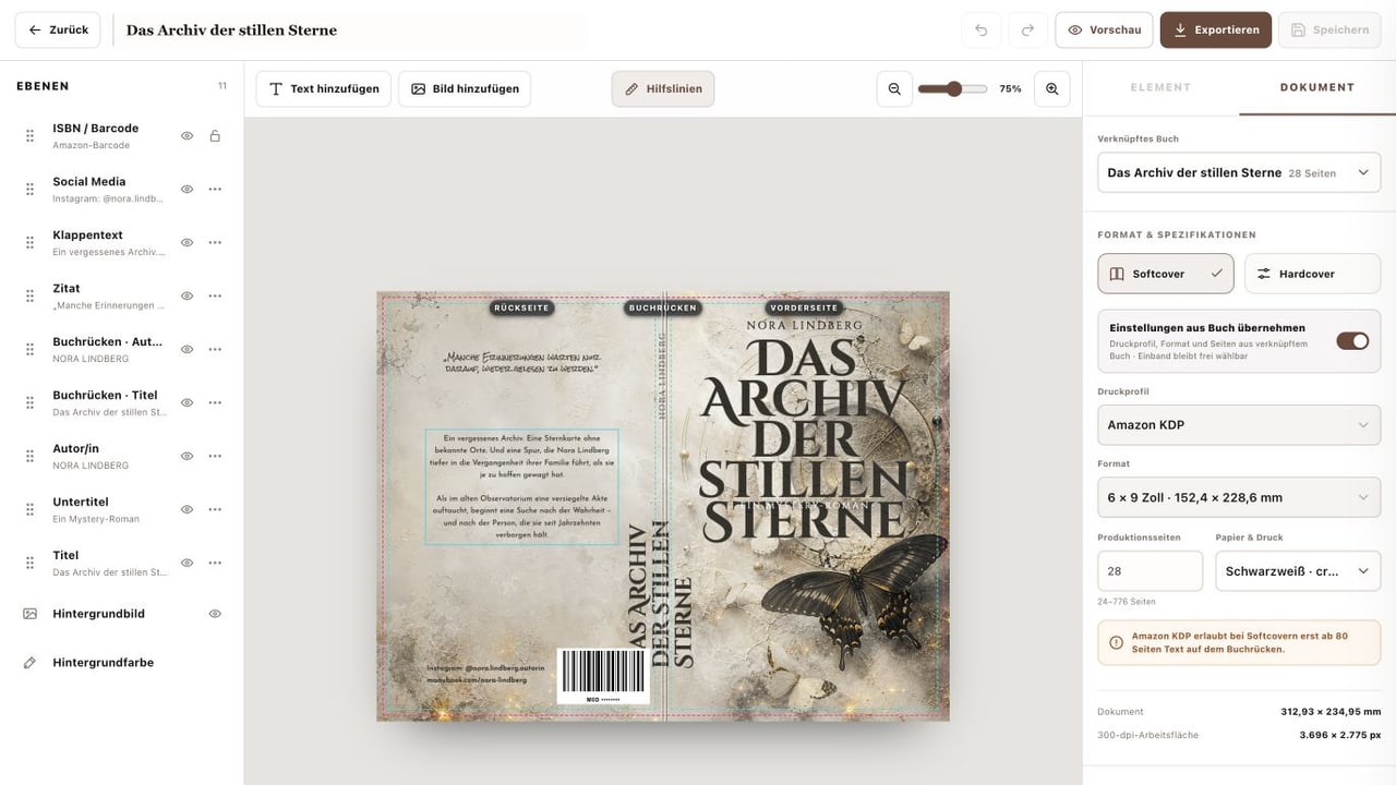 NovelMansion Cover-Editor mit Ebenen, vollständigem Umschlag und KDP-Druckspezifikationen