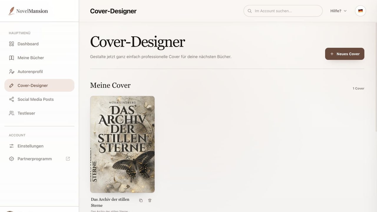 NovelMansion Cover-Designer mit eigenen Coverentwürfen und vollständigen Umschlagvorlagen