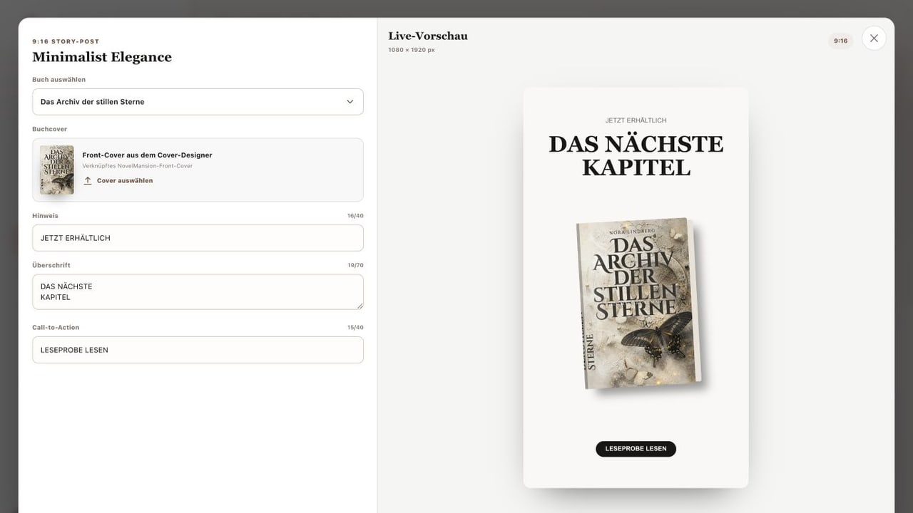 NovelMansion Social Media Post-Designer mit Story- und Feed-Vorlagen für Buchcover
