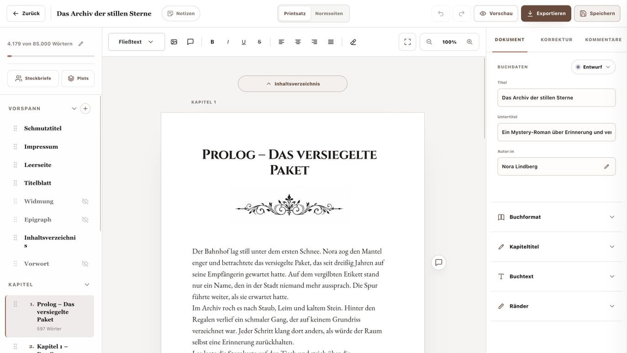 NovelMansion Schreibstudio mit Umschaltung zwischen Printsatz und Normseiten
