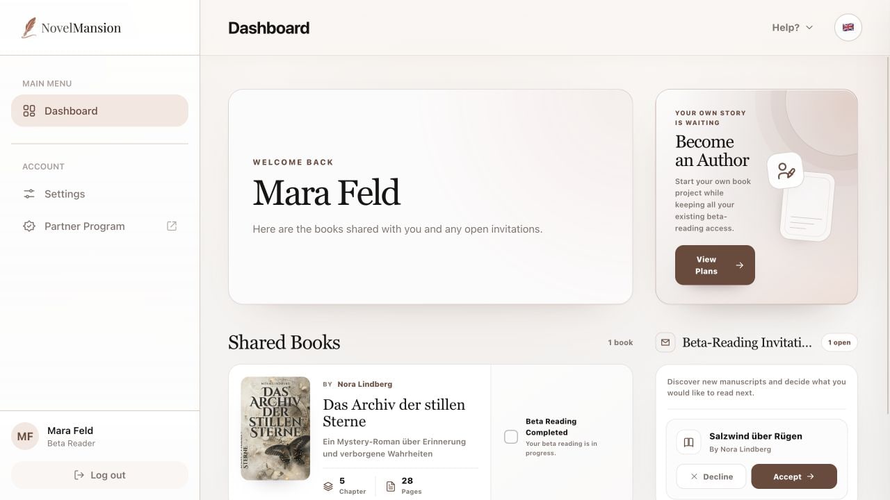 Mara Feld's beta-reader Dashboard with an invitation and shared book