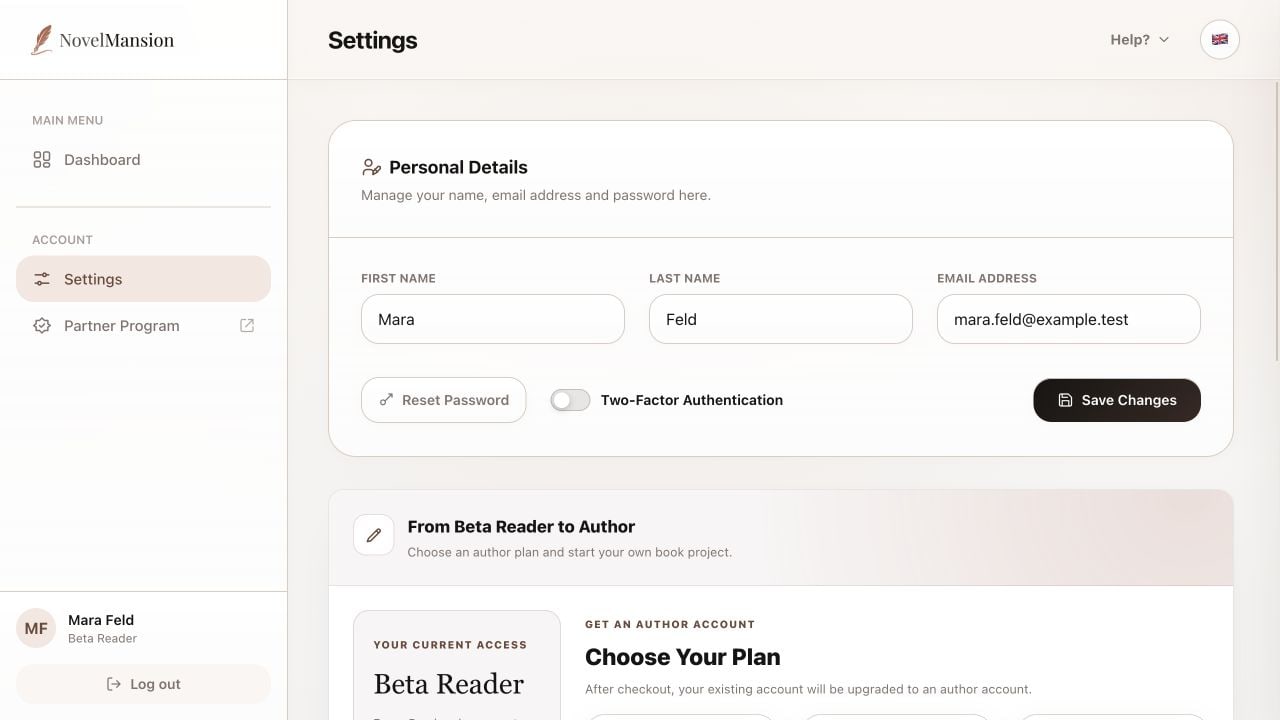 Settings for Mara Feld's beta-reader account