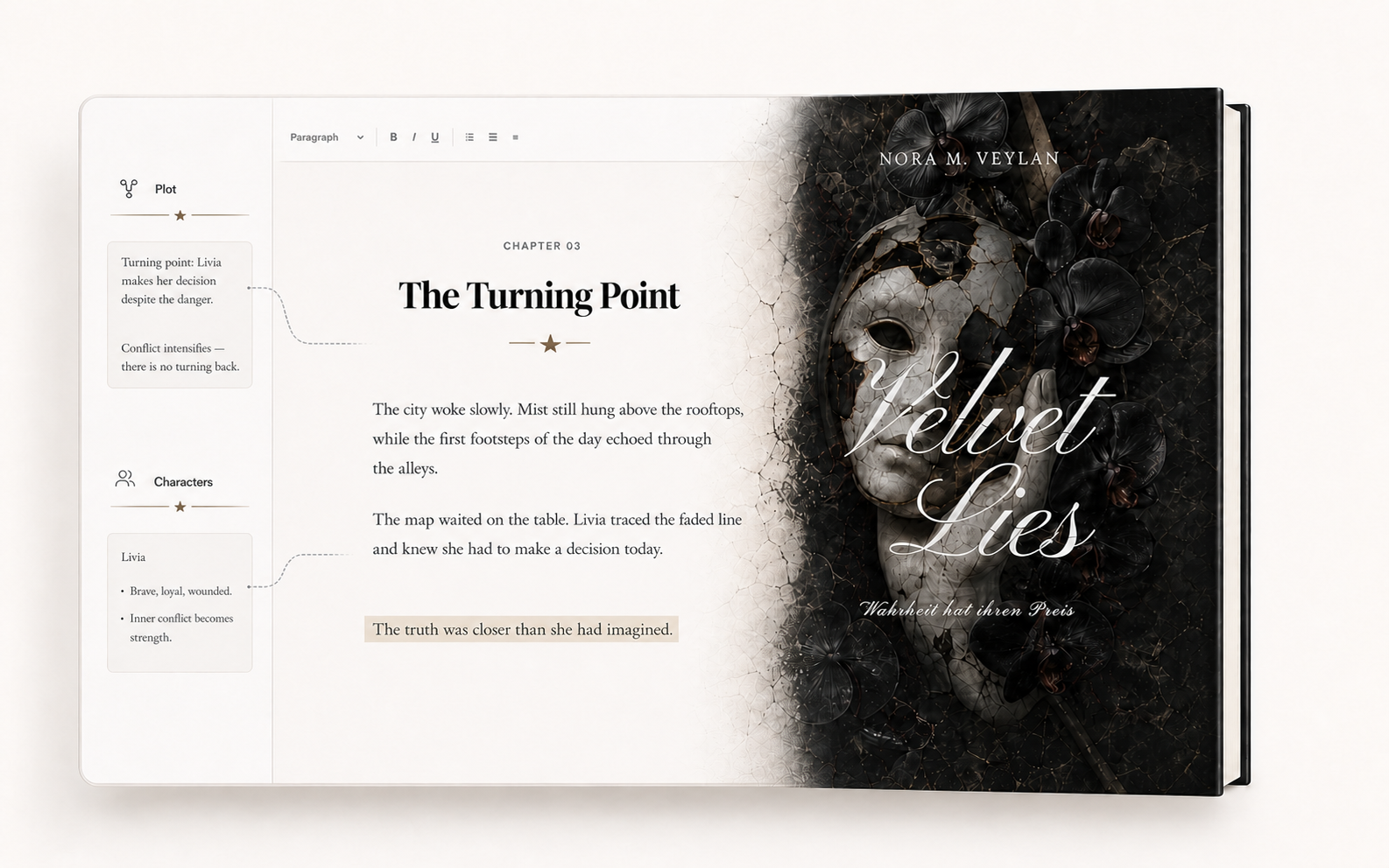 NovelMansion takes a manuscript seamlessly from the writing studio to the finished Velvet Lies book cover.