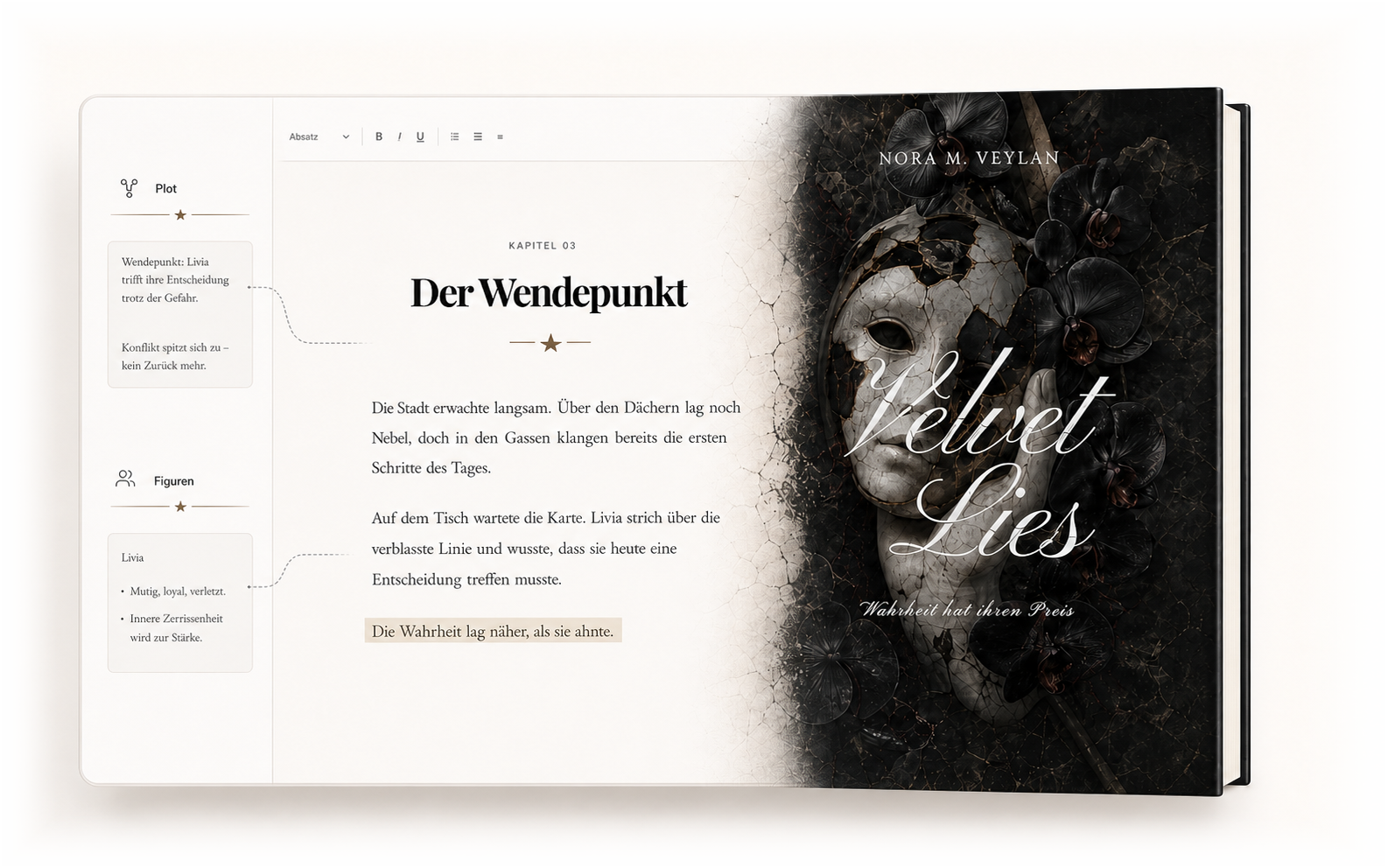 NovelMansion begleitet ein Manuskript vom Schreibstudio nahtlos bis zum fertigen Buchcover Velvet Lies.
